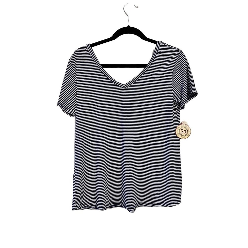 SO Striped T-Shirt Preppy Navy White V-Neck Short Sleeve Size M NWT - Picture 1 of 3